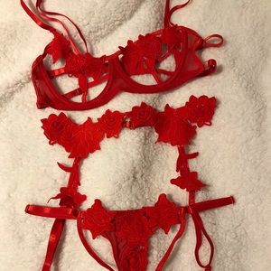 Rose Accent Matching Set with Bra, Garterbelt, and Panty